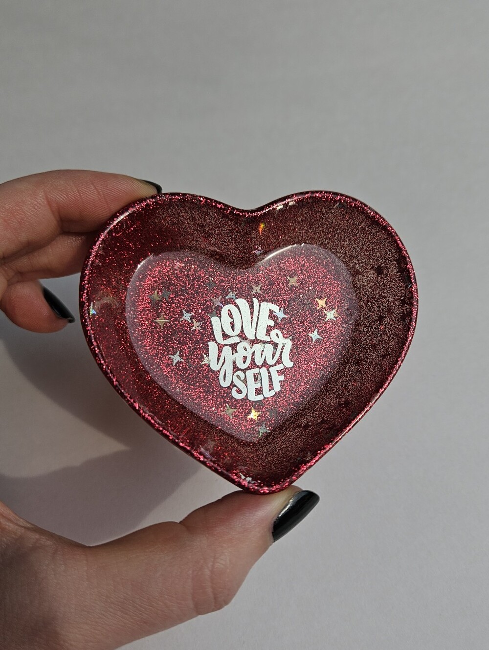 Handmade Love Yourself Heart Resin Dish Red Glitter Jewerly Tray Trinket Holder